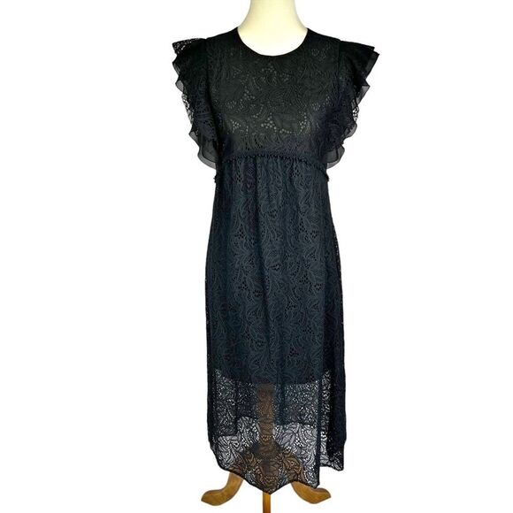 Zara Collection Black Lace Ruffle Cap Sleeve Fit Flare Midi Dress Women’s Small - Picture 1 of 9